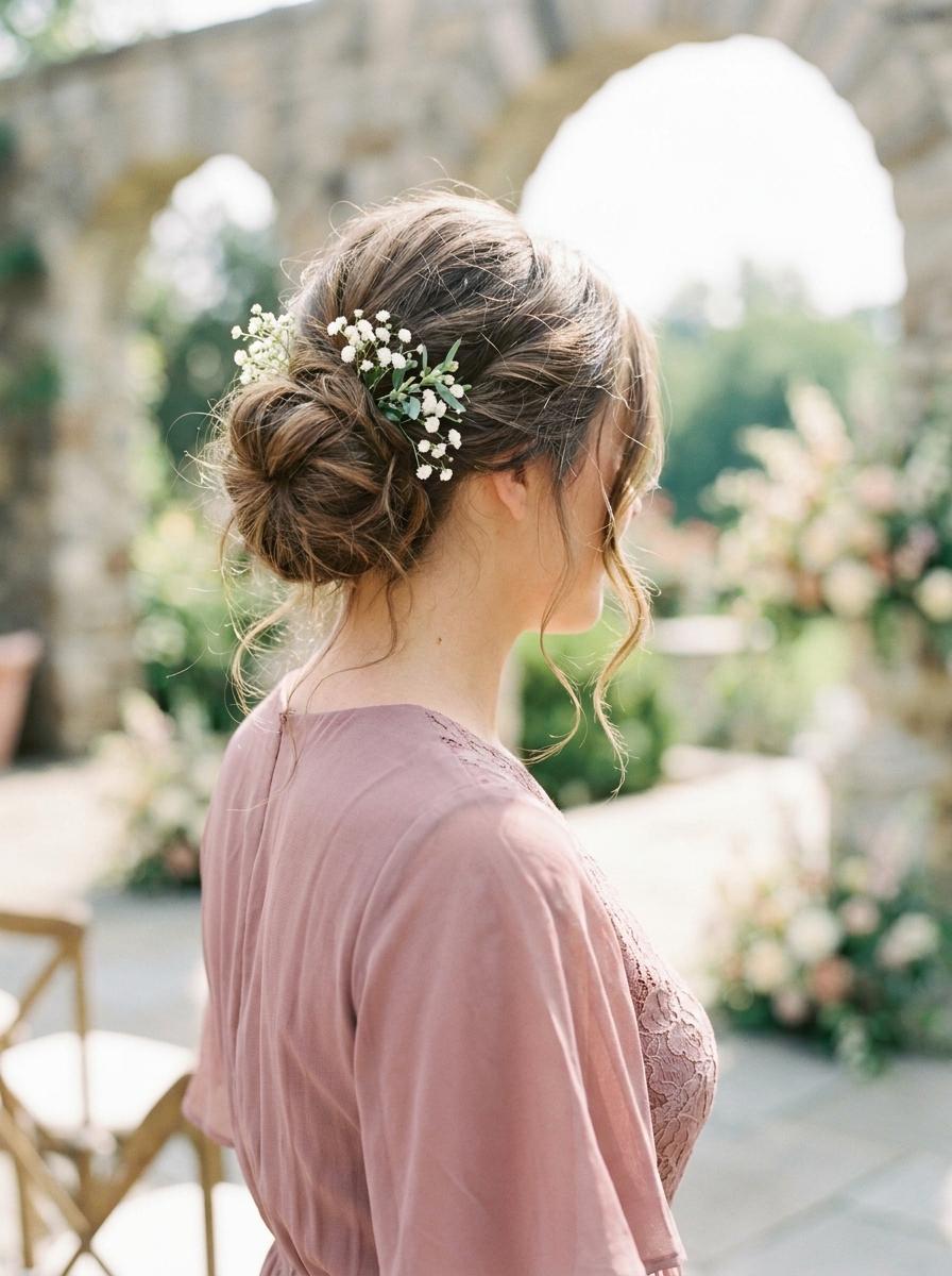 Romantischer Messy Bun - elegante Brautjungfernfrisur